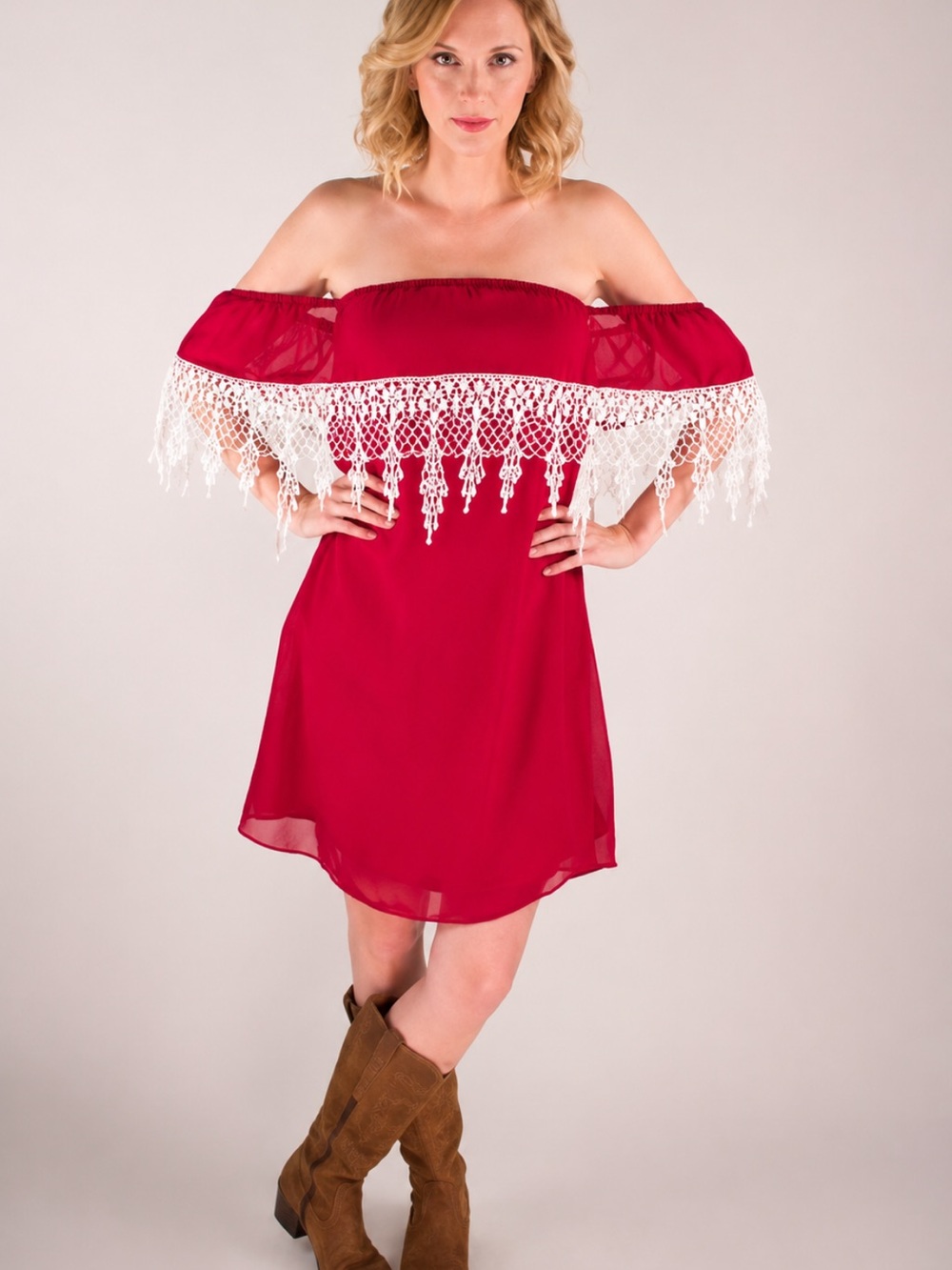 Strapless Maroon Dress with White Crochet Fringe